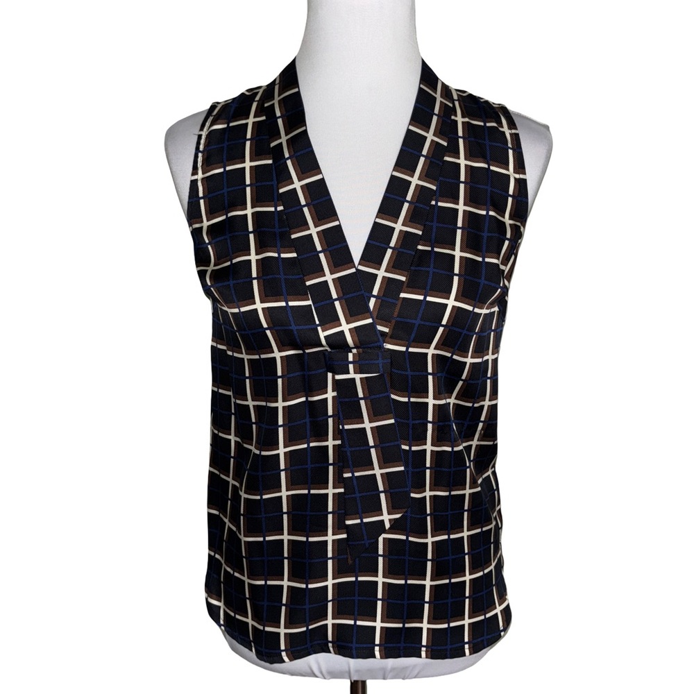 J. Crew Black White Plaid Sleeveless Silk Blouse